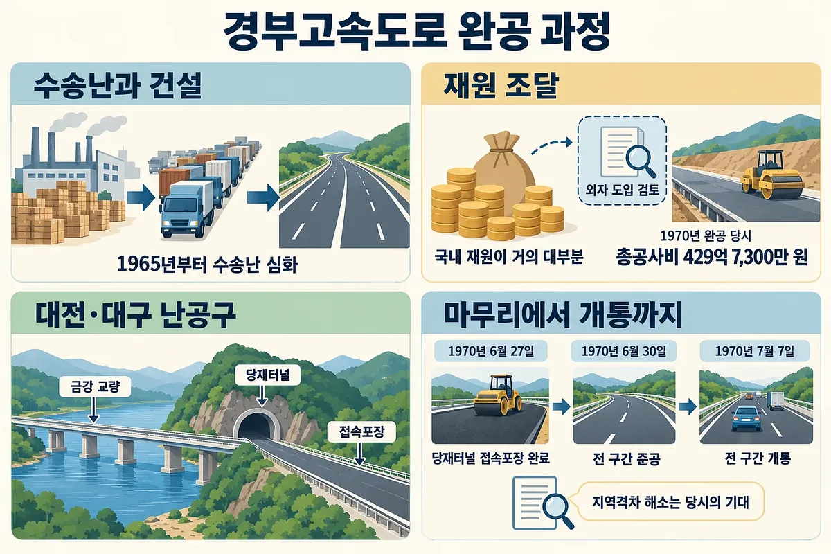 수송난, 재원 조달, 금강 교량과 당재터널 공사, 준공·개통 일정을 정리한 경부고속도로 인포그래픽