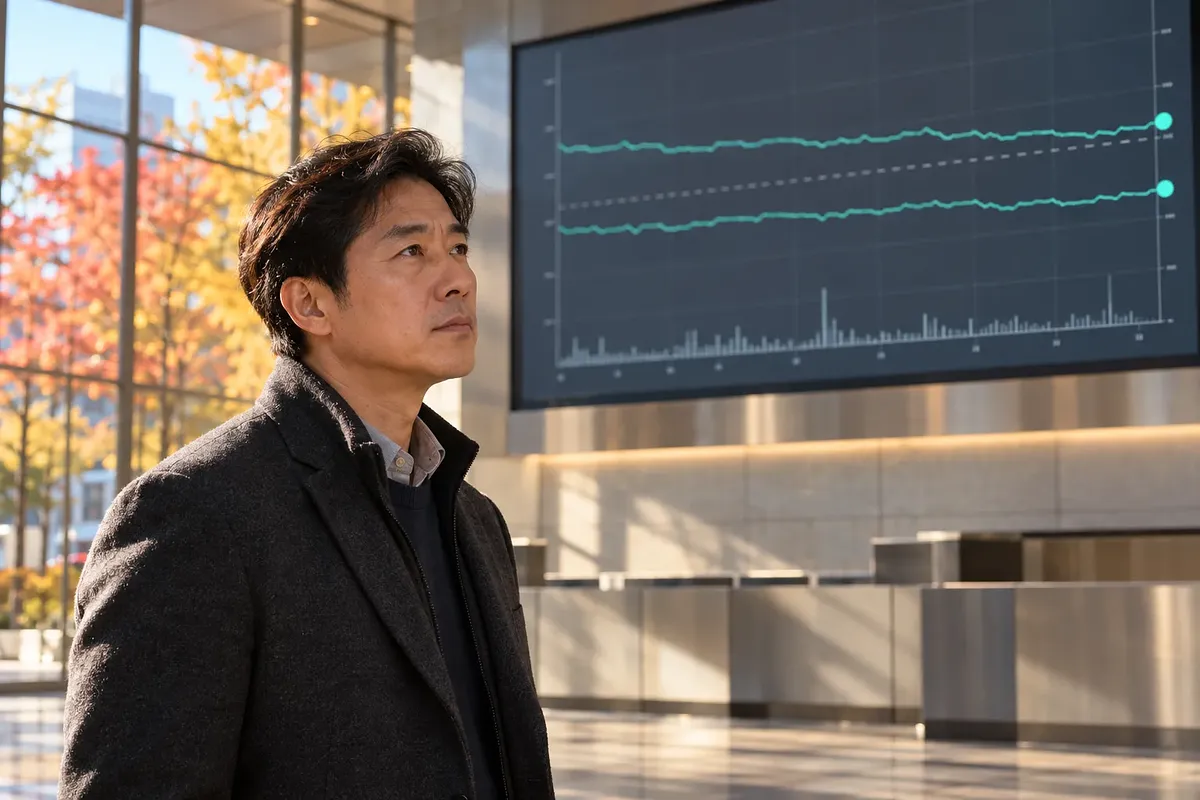 A middle-aged man in a dark coat stands in a bright lobby beneath a large financial display.