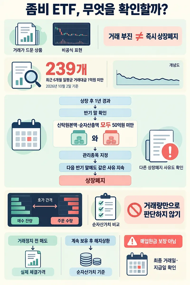 거래 부진 통계, 규모 요건에 따른 상장폐지 흐름도, 매도·해지상환 확인 사항을 정리한 인포그래픽