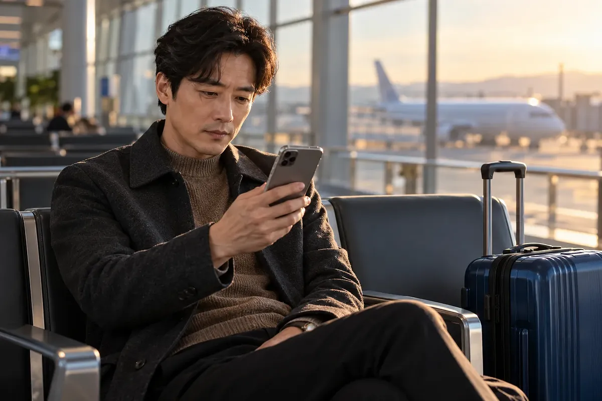 A man checks his phone beside a suitcase in an airport lounge, with an aircraft visible through the windows.