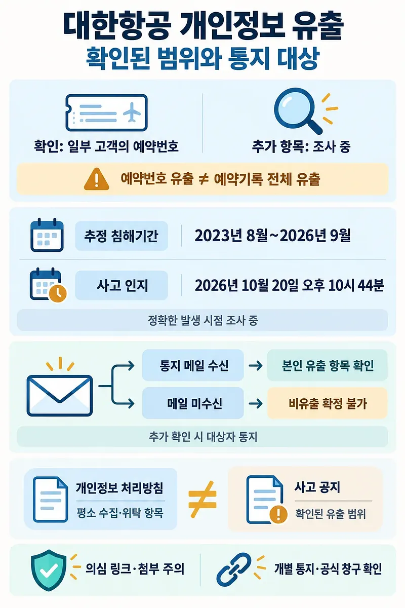 대한항공 개인정보 유출 범위, 사고 일정, 통지 메일 수신 여부에 따른 판단과 개인정보 처리방침 비교를 정리한 인포그래픽