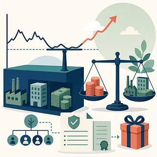 Ilustración financiera con una gráfica bursátil al alza y balanzas con monedas, activos y fábricas