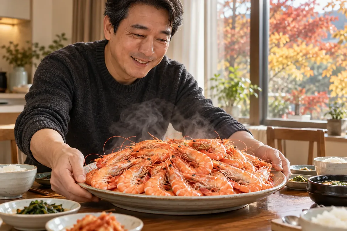 濃い色のセーターを着た中年男性が、湯気の立つ殻付きの蒸しエビを盛った大皿を食卓に置いている。