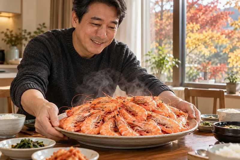 짙은 스웨터를 입은 중년 남성이 김이 나는 찐 새우가 가득한 큰 접시를 식탁에 내려놓고 있다.
