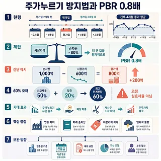 주가누르기 방지법의 PBR 0.8배 기준, 평가 방식, 기대 효과와 쟁점을 정리한 7단계 인포그래픽
