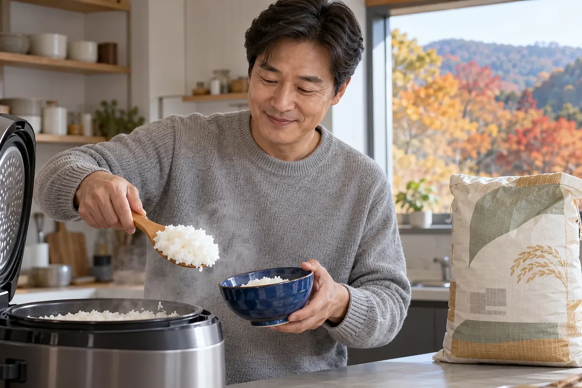 집 주방에서 회색 스웨터를 입은 중년 남성이 밥솥의 김 나는 흰밥을 파란 그릇에 담고 있다.