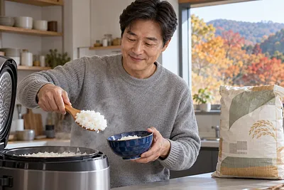 A middle-aged man in a grey sweater serves steaming rice from a rice cooker into a blue bowl in his kitchen.