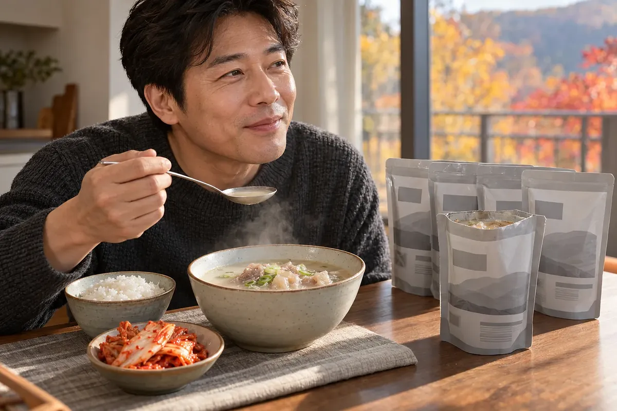 A smiling man holds a spoon over steaming beef soup, with rice, kimchi and soup pouches on the table.