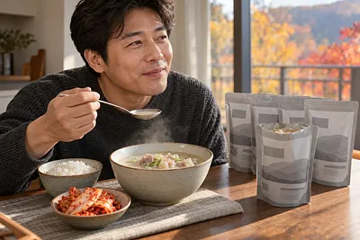 미소 띤 남성이 김이 나는 도가니탕 위로 숟가락을 들고 있고, 식탁에는 밥과 김치, 탕 파우치가 놓여 있다.