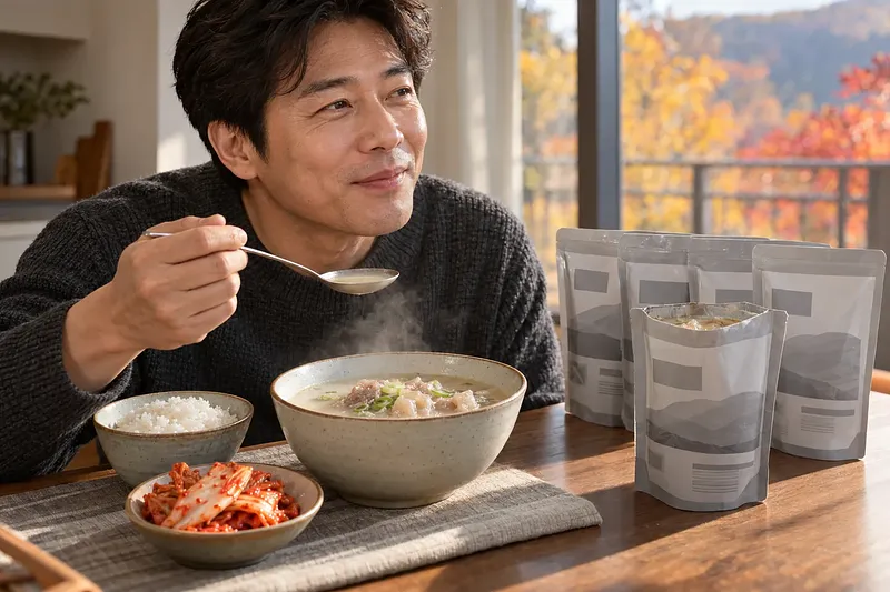 Un hombre sonríe con una cuchara sobre una sopa humeante; hay arroz, kimchi y bolsas de sopa en la mesa.