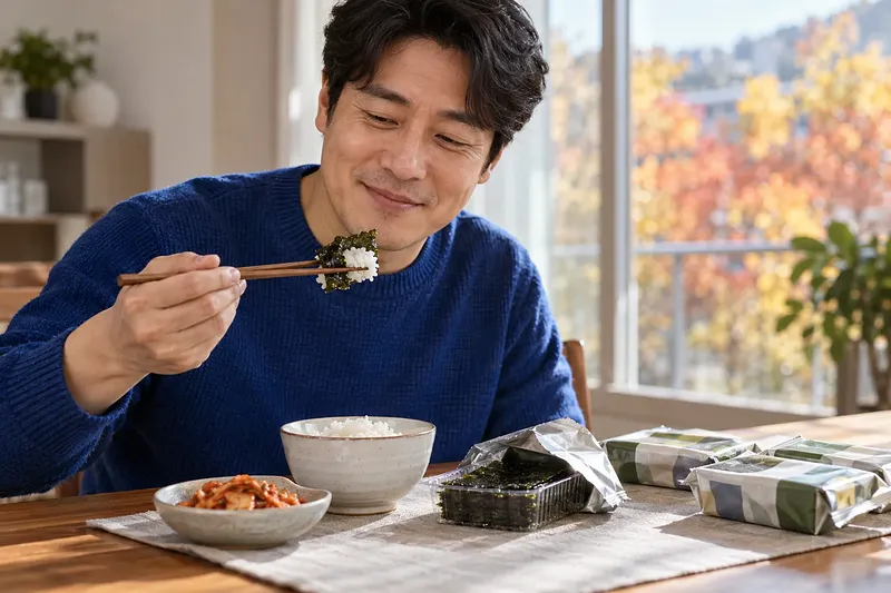 미소 짓는 남성이 식탁에서 김으로 싼 밥을 젓가락으로 들고 있고, 밥그릇 옆에는 개봉한 김과 낱개 포장이 놓여 있다.