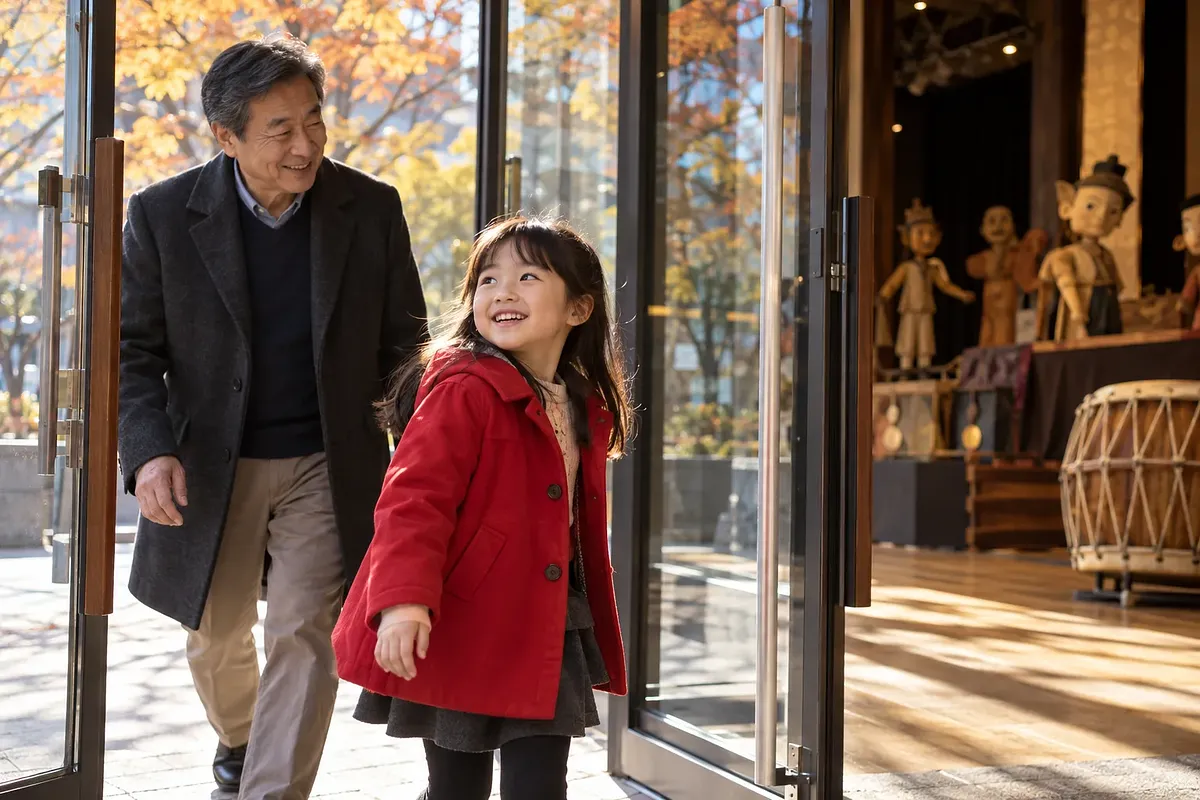 赤いコートの少女が祖父を振り返って笑い、人形や太鼓のある劇場に入る。