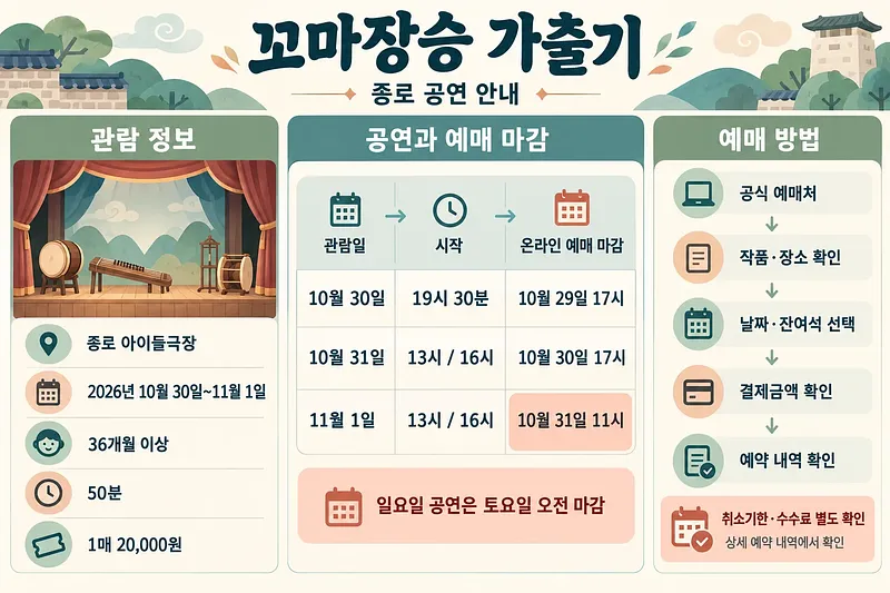 꼬마장승 가출기 종로 공연의 관람 정보, 회차별 시작 시간과 온라인 예매 마감, 예약 절차를 정리한 안내표