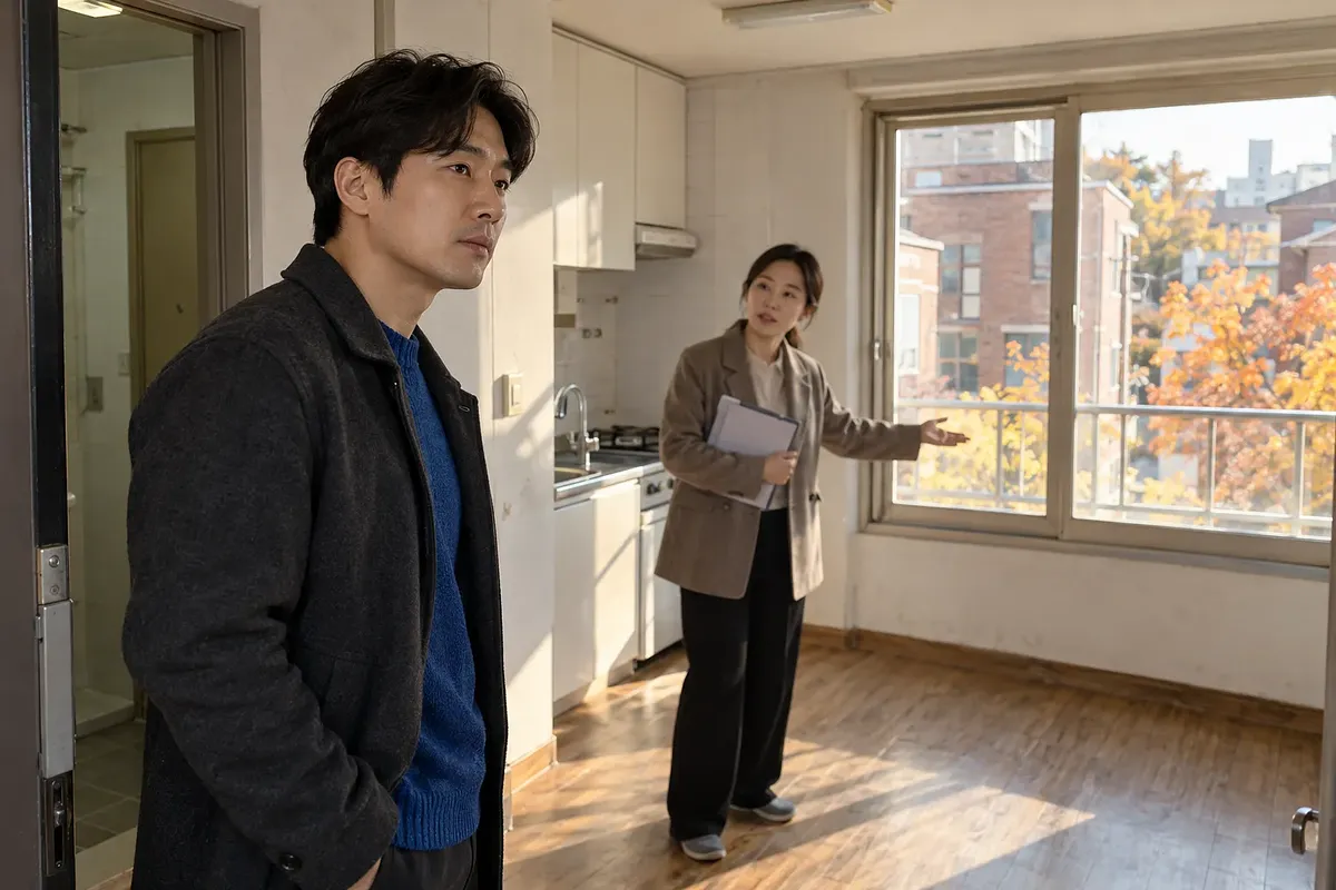 작은 임대주택 내부를 살펴보는 남성과 주방 옆에서 서류를 들고 안내하는 중개인