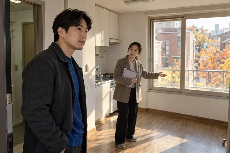 A man inspects a small rental apartment while an agent holding documents gestures beside the kitchenette.