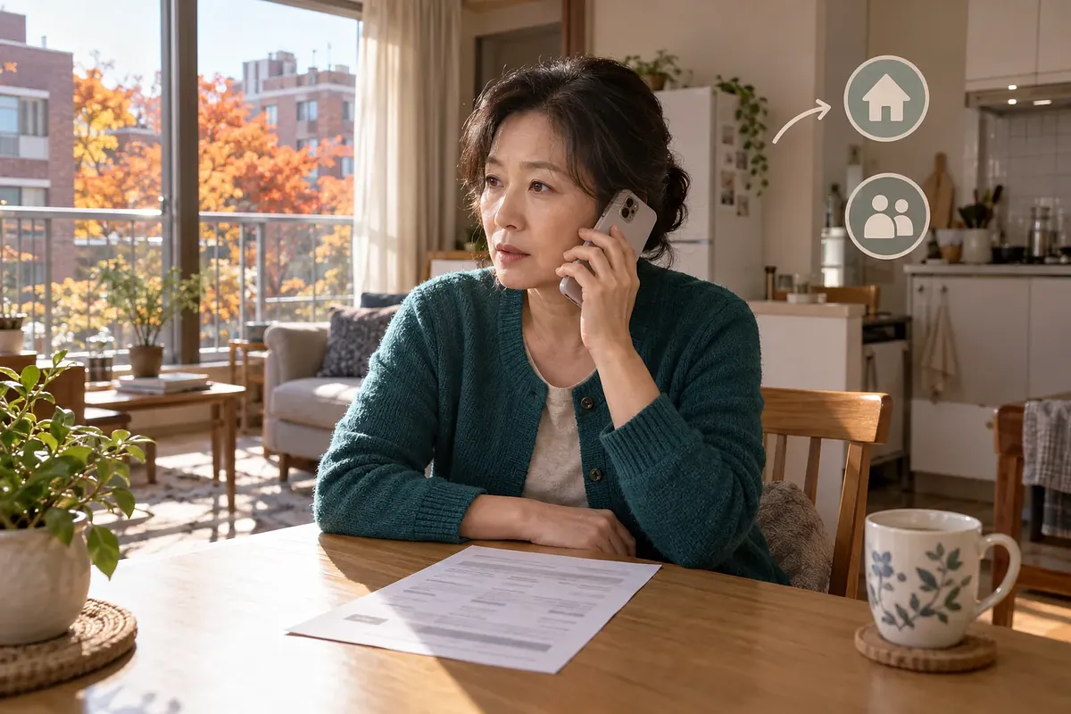 A middle-aged woman talking on a mobile phone at her dining table with paperwork in front of her