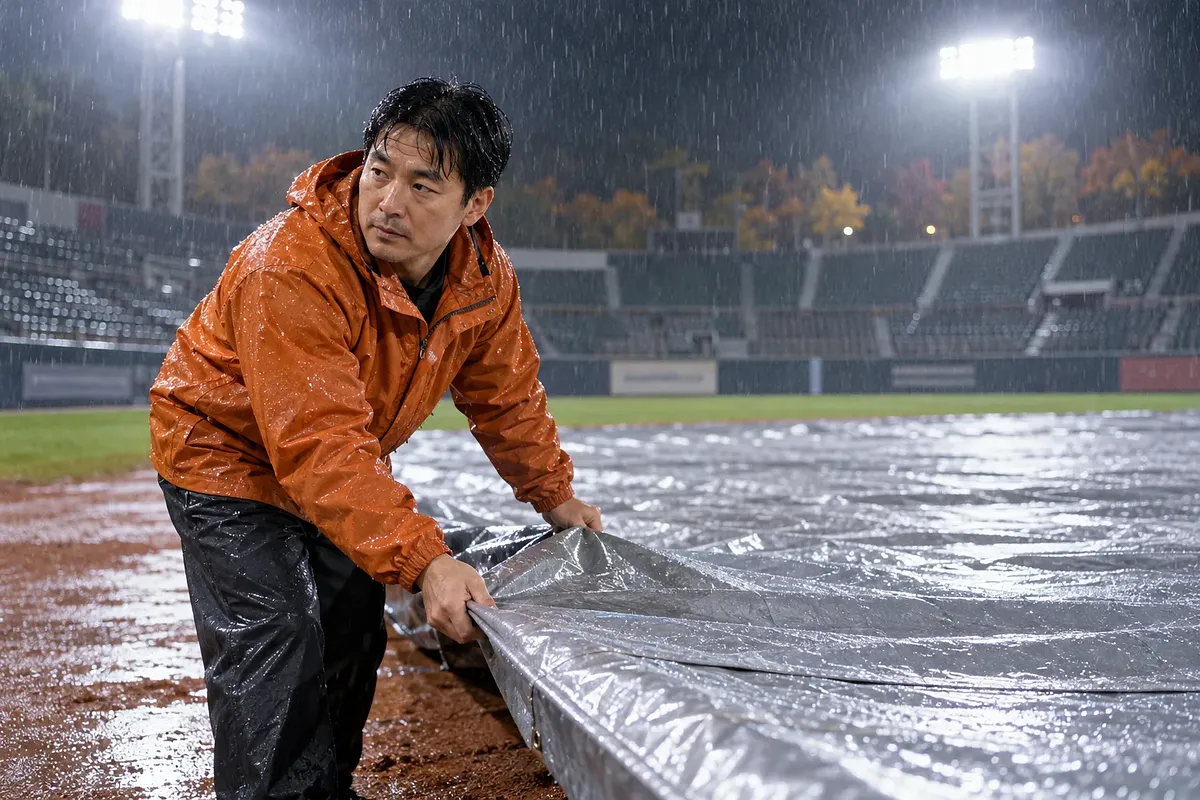 雨の野球場で、オレンジ色の防水ジャケットを着た整備員が内野を覆う銀色のシートの端をつかんでいる。