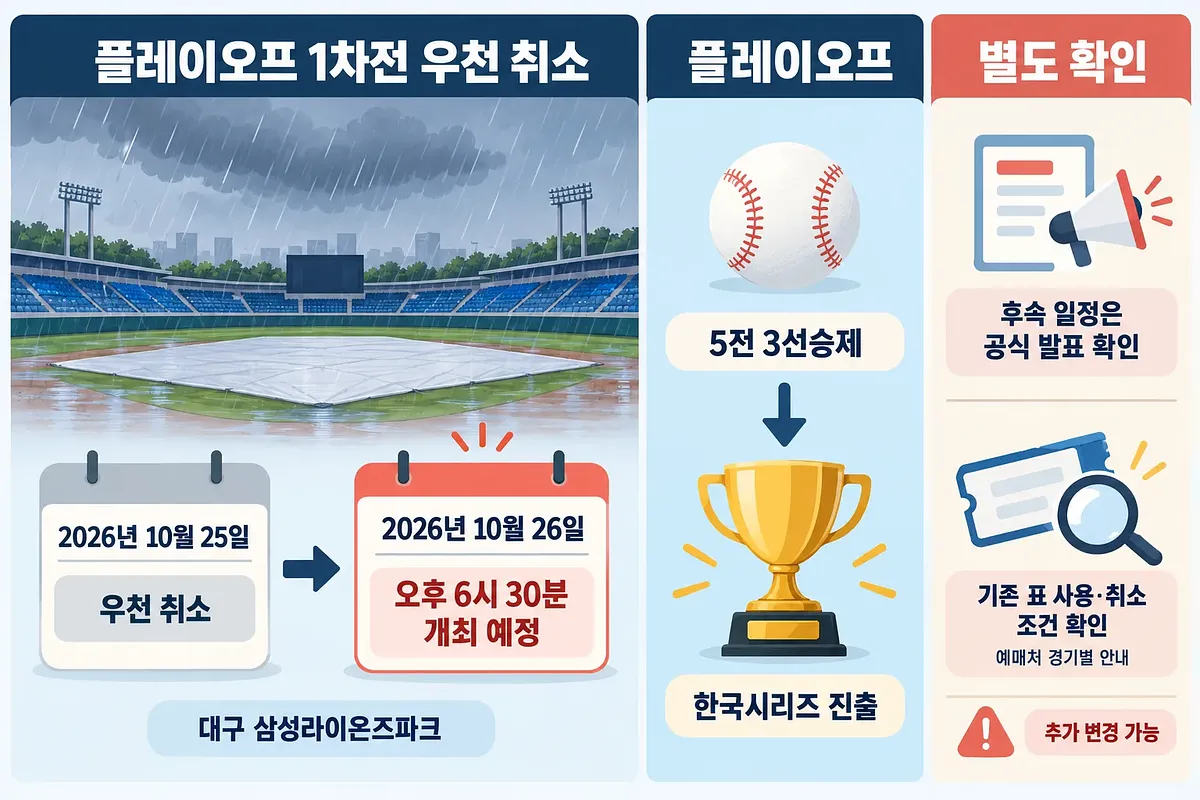 비 내리는 야구장과 10월 25일에서 26일로 바뀐 달력, 플레이오프 방식과 후속 일정·입장권 확인 안내