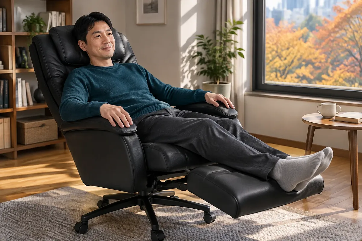 A man relaxing at home in a black reclining chair with his legs resting on the extended footrest