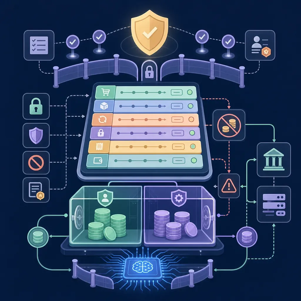AI settlement system linking security shields, policy steps, money vaults, a bank, and servers