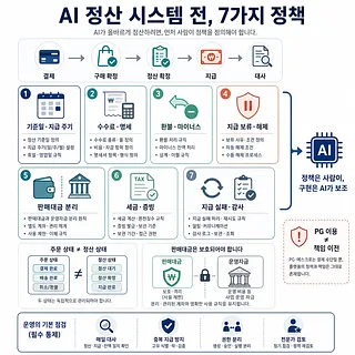 AI 정산 시스템 구축 전 정할 7가지 정책과 결제·정산 흐름을 정리한 인포그래픽