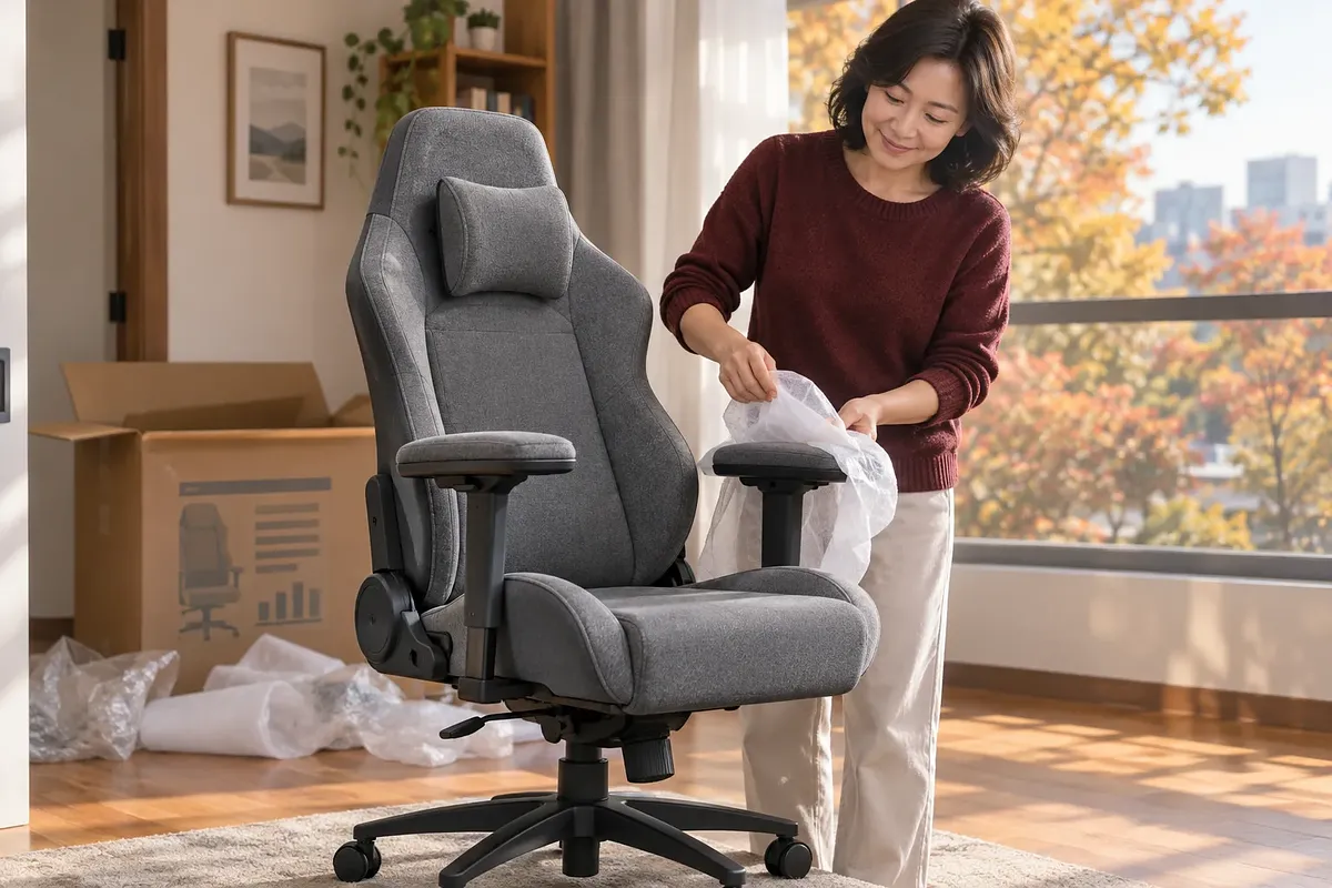 A woman in a burgundy sweater removes protective wrapping from a newly unboxed gray gaming chair’s armrest.