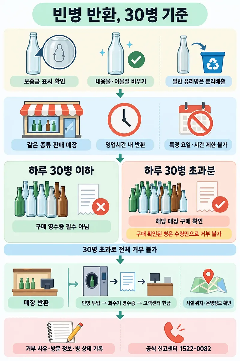 빈병 준비부터 반환·신고까지의 절차와 하루 30병 이하·초과 시 영수증 기준을 비교한 인포그래픽
