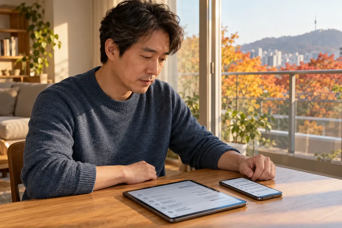 日差しの入る自宅のテーブルで、タブレットとスマートフォンの画面を落ち着いて確認する中年男性