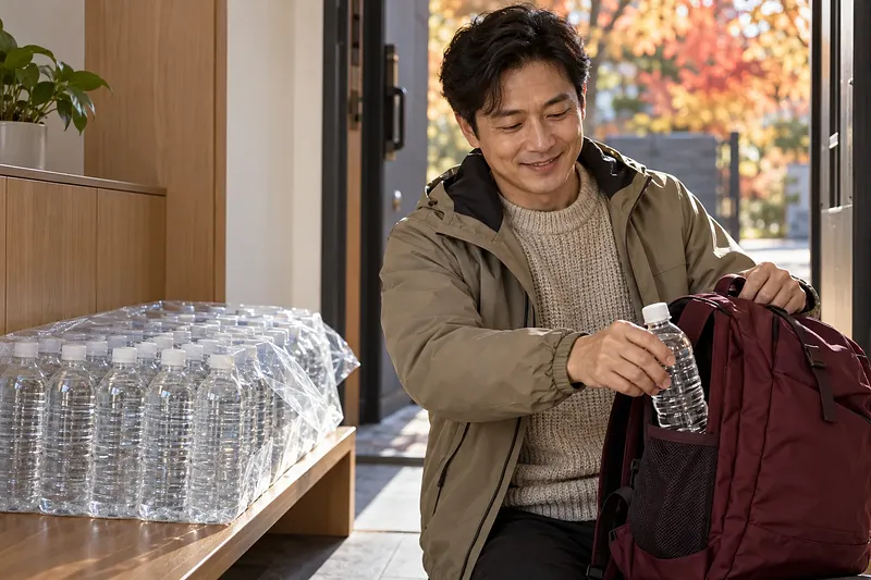 현관에서 웃는 남성이 무라벨 생수병을 버건디색 배낭 옆주머니에 넣고 있으며, 옆 벤치에는 생수 묶음이 놓여 있다.