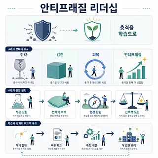 방패와 새싹, 4가지 상태와 운영 원칙을 보여주는 안티프래질 리더십 인포그래픽