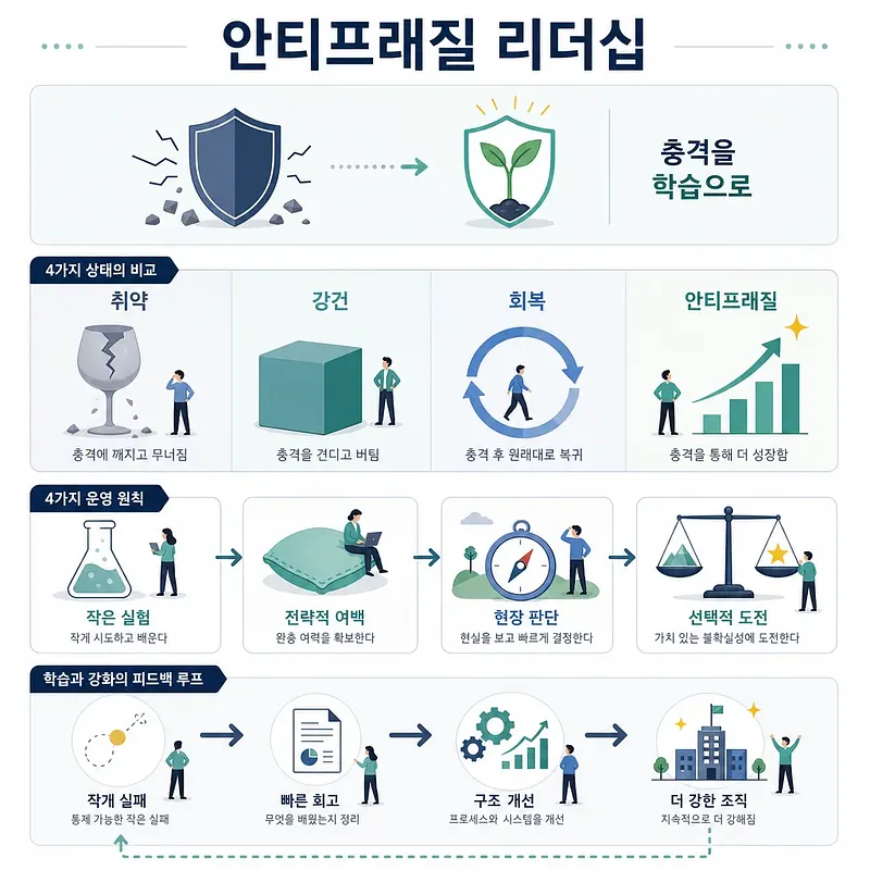 Antifragile leadership infographic with shields, a sprout, four states, and operating principles