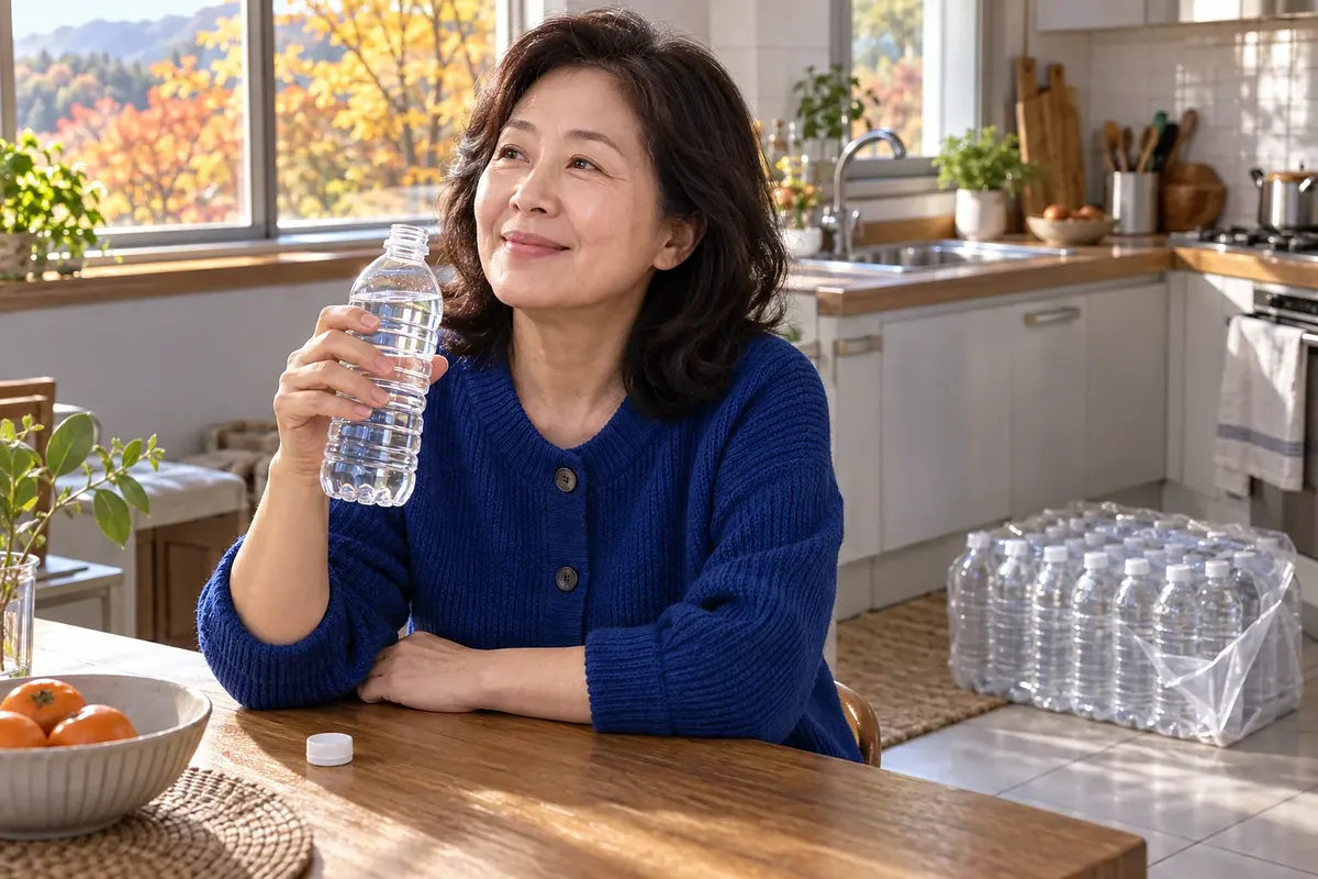 A woman smiles while holding an unlabeled water bottle in a sunny kitchen, with a pack of bottles behind her.