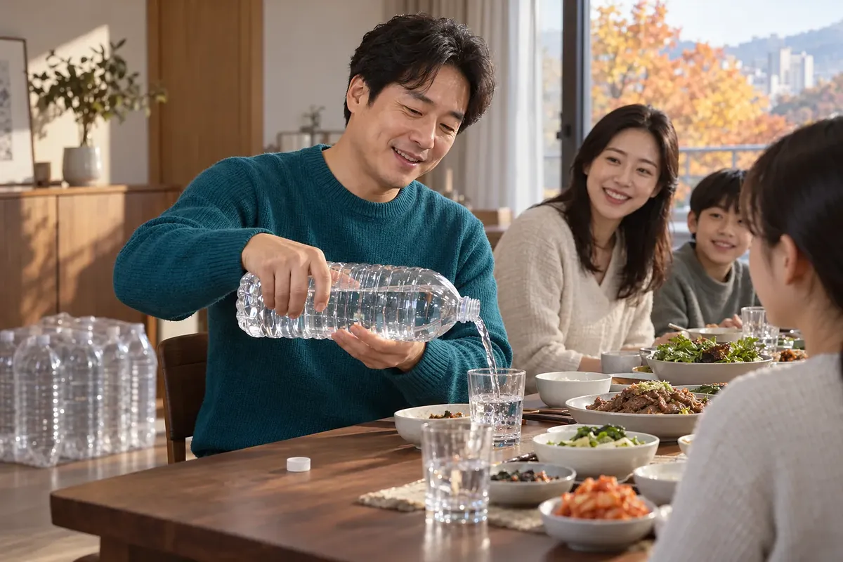A father pours water from a large label-free bottle into a glass at the family dining table.