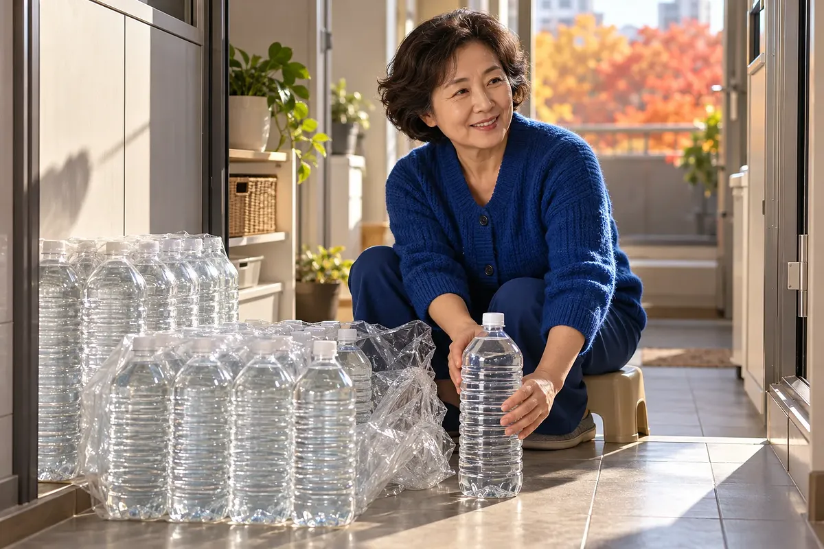 An older woman in a blue cardigan unpacks water bundles and sets a label-free bottle upright at home.