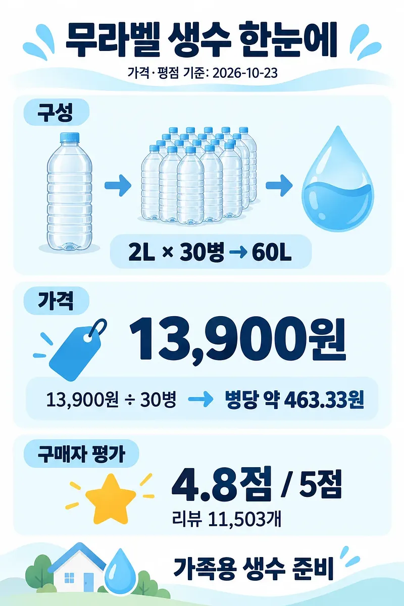 ラベルレスの水2L×30本、合計60Lの容量と購入者評価4.8点をまとめたインフォグラフィック