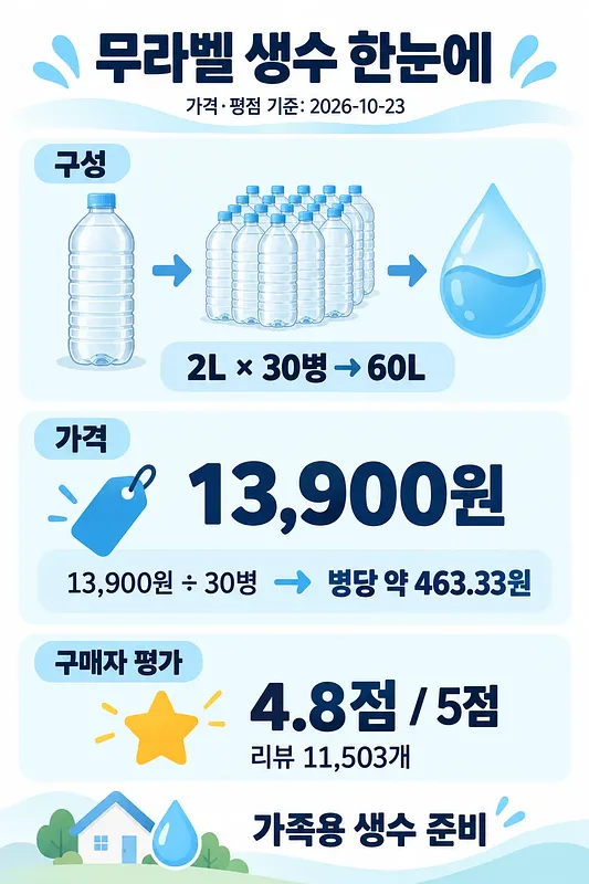 Label-free water infographic showing 30 two-liter bottles, 60 liters total, and a buyer rating of 4.8/5