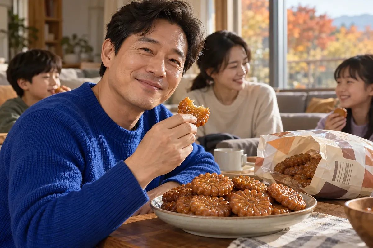 A smiling man holds a bitten yakgwa beside a heaped plate of pastries as his family enjoys a snack at home.