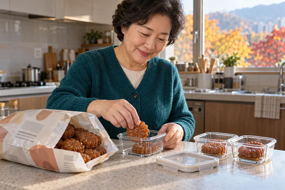 주방에서 여성이 개봉한 큰 봉지의 꽃 모양 약과를 작은 유리 용기에 나누어 담는 모습