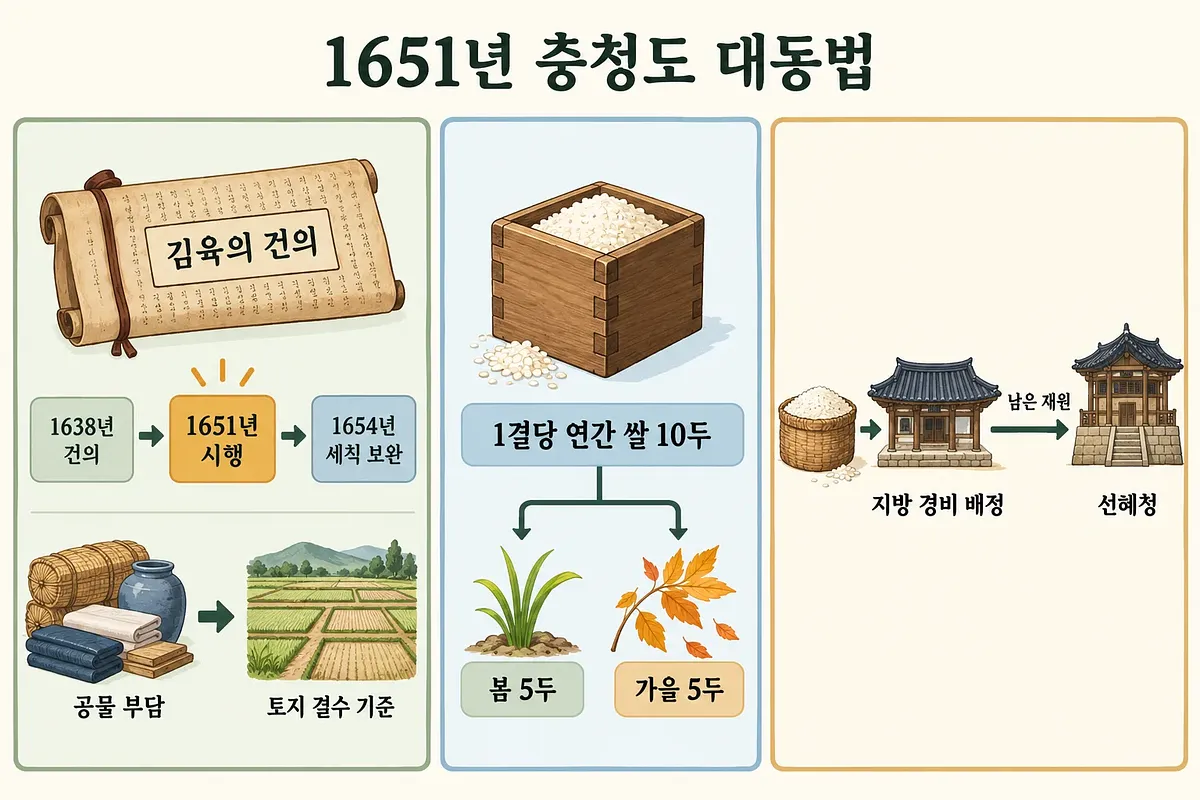 김육의 건의와 시행 연표, 공물에서 토지로의 기준 전환, 쌀 계량과 관청 간 재원 흐름을 담은 3단 인포그래픽