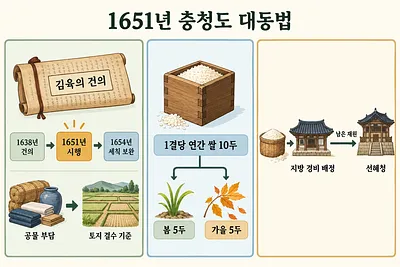 김육의 건의와 시행 연표, 공물에서 토지로의 기준 전환, 쌀 계량과 관청 간 재원 흐름을 담은 3단 인포그래픽