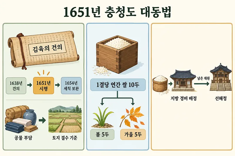 김육의 건의와 시행 연표, 공물에서 토지로의 기준 전환, 쌀 계량과 관청 간 재원 흐름을 담은 3단 인포그래픽