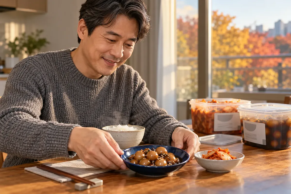 灰色のニットを着た男性が微笑みながら、ご飯とキムチの横にうずらの卵の醤油煮を盛った青い皿を置いている。