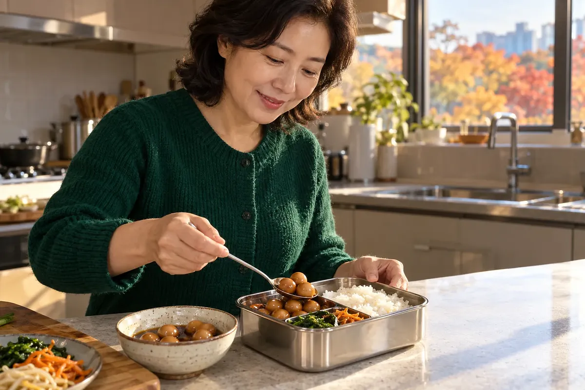 A woman in a green cardigan spoons soy-braised quail eggs into a steel lunchbox with rice and vegetables.