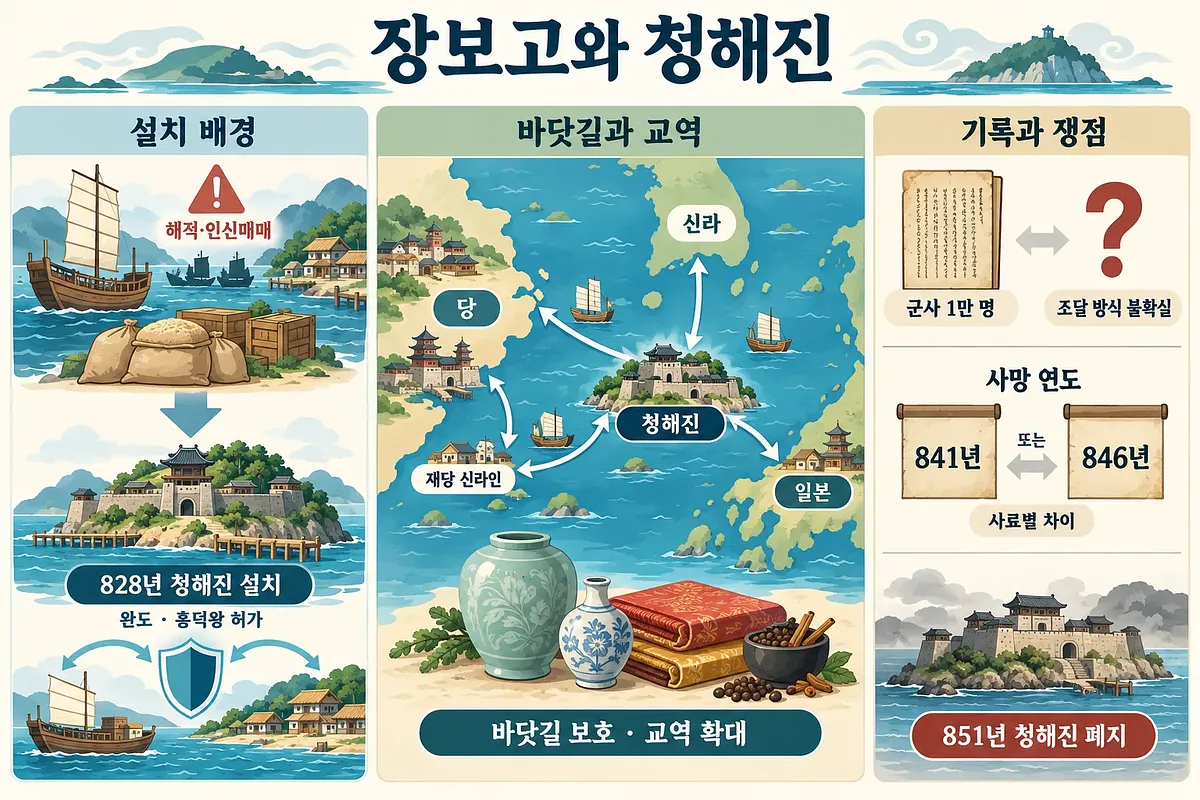 청해진 설치 배경, 신라·당·일본 교역로, 병력 조달과 사망 연도 쟁점을 정리한 인포그래픽