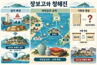 청해진 설치 배경, 신라·당·일본 교역로, 병력 조달과 사망 연도 쟁점을 정리한 인포그래픽
