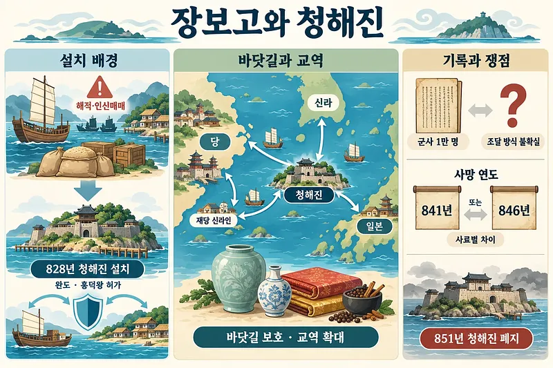 Infografía sobre la fundación de Cheonghaejin, las rutas comerciales y las dudas en los registros históricos