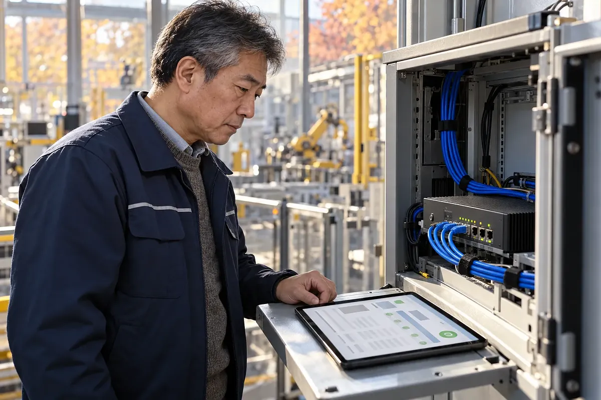 An older technician checks a tablet status screen beside an open network equipment cabinet in a factory.