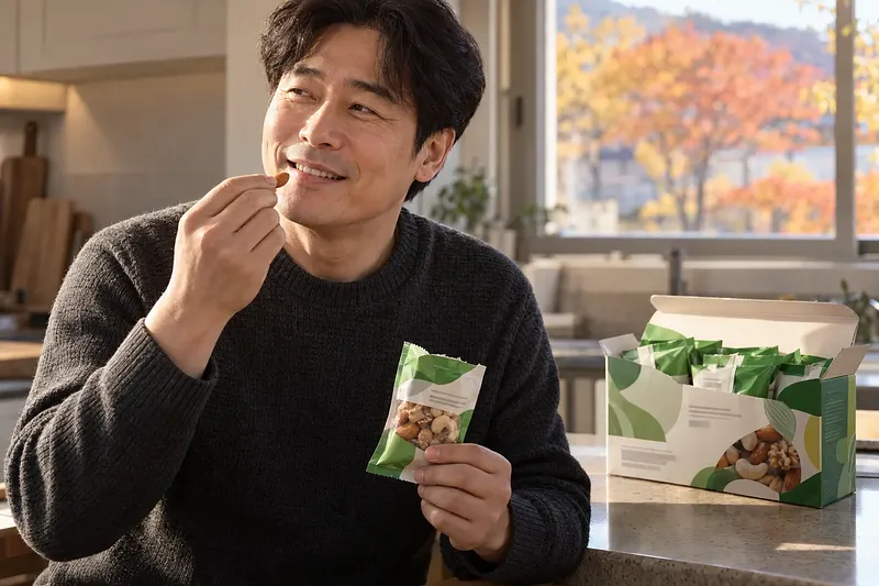 A smiling middle-aged man in a kitchen holds a mixed-nut sachet and lifts an almond toward his mouth.