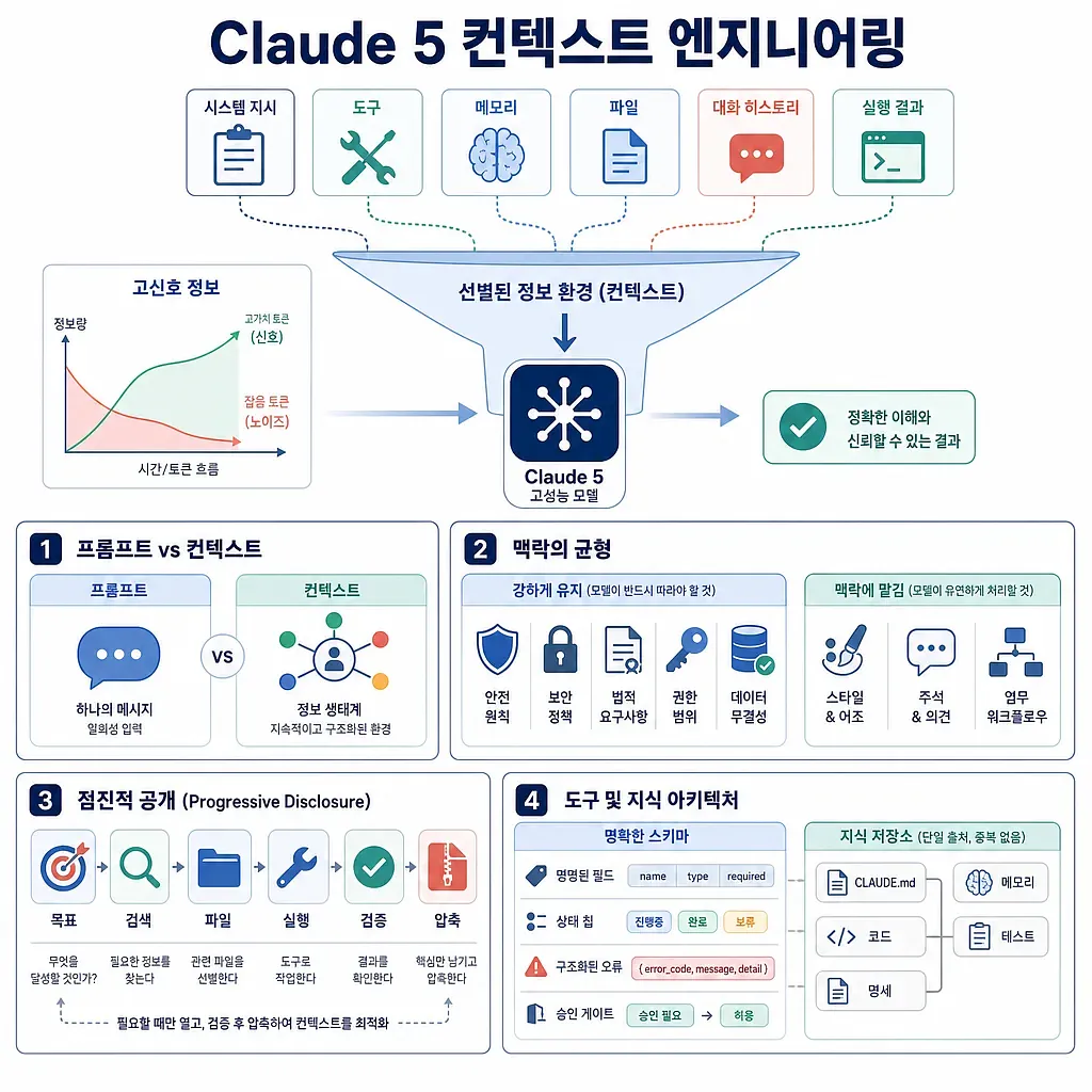 정보 선별 퍼널과 네 가지 규칙을 설명하는 Claude 5 컨텍스트 엔지니어링 인포그래픽