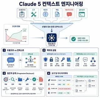 정보 선별 퍼널과 네 가지 규칙을 설명하는 Claude 5 컨텍스트 엔지니어링 인포그래픽